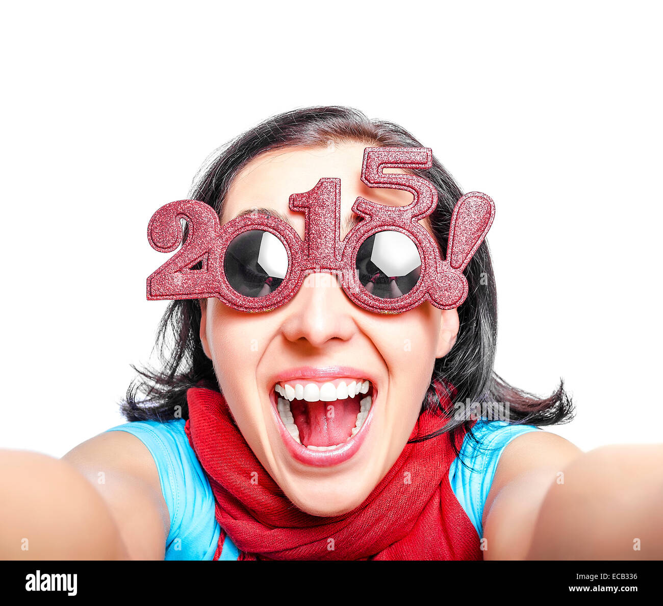 Mädchen mit Brille 2015 nehmen Selfie. Silvester Konzept. Stockfoto