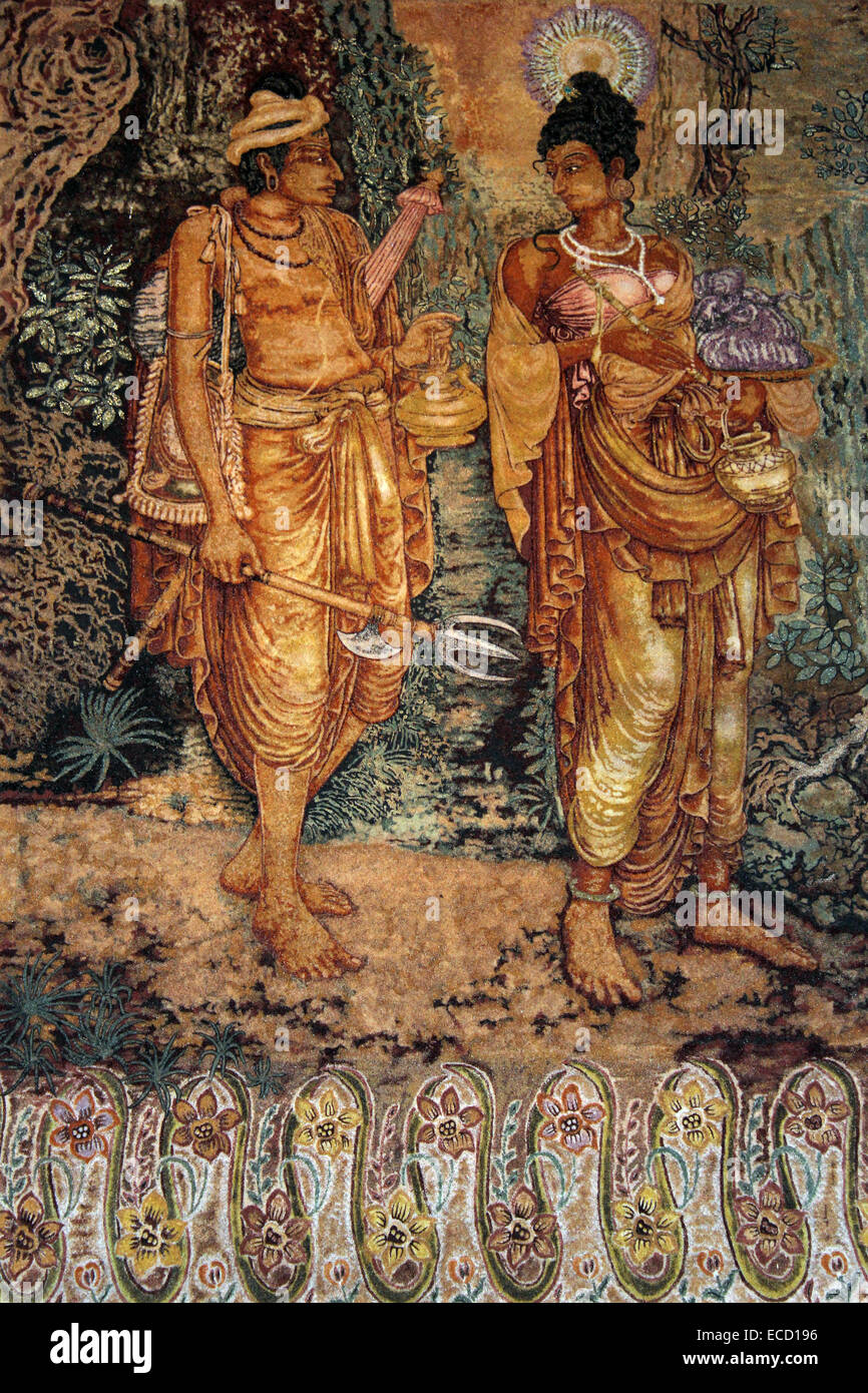 Wandteppich von Prinzessin Hemamali und ihr Ehemann, Prinz Dantha. Im Tempel der heiligen Zahn-Reliquie, Kandy Stockfoto