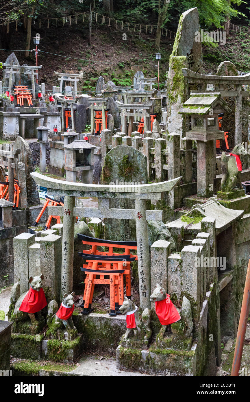 Shinto-Friedhof am Schrein von Fushimi Inari-taisha, Kyoto, Japan, mit magischen Kitsune (Füchse) und Opfergaben von roten Torii-Miniaturtoren Stockfoto