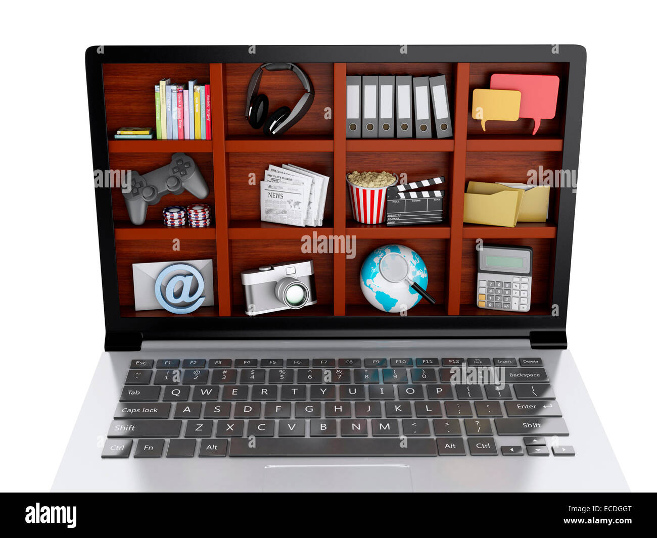3D Renderer Abbildung. Laptop und Multimedia. Coceptual Bild auf weißem Hintergrund Stockfoto
