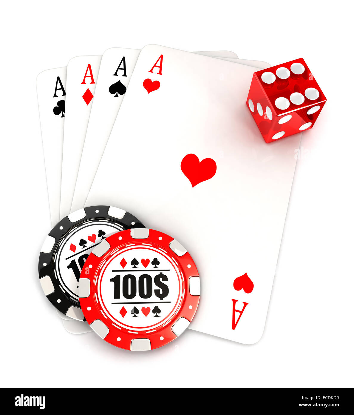 3D Casino Zubehör, Würfel, Karten und Chips, isoliert, weißer Hintergrund, 3d Bild Stockfoto