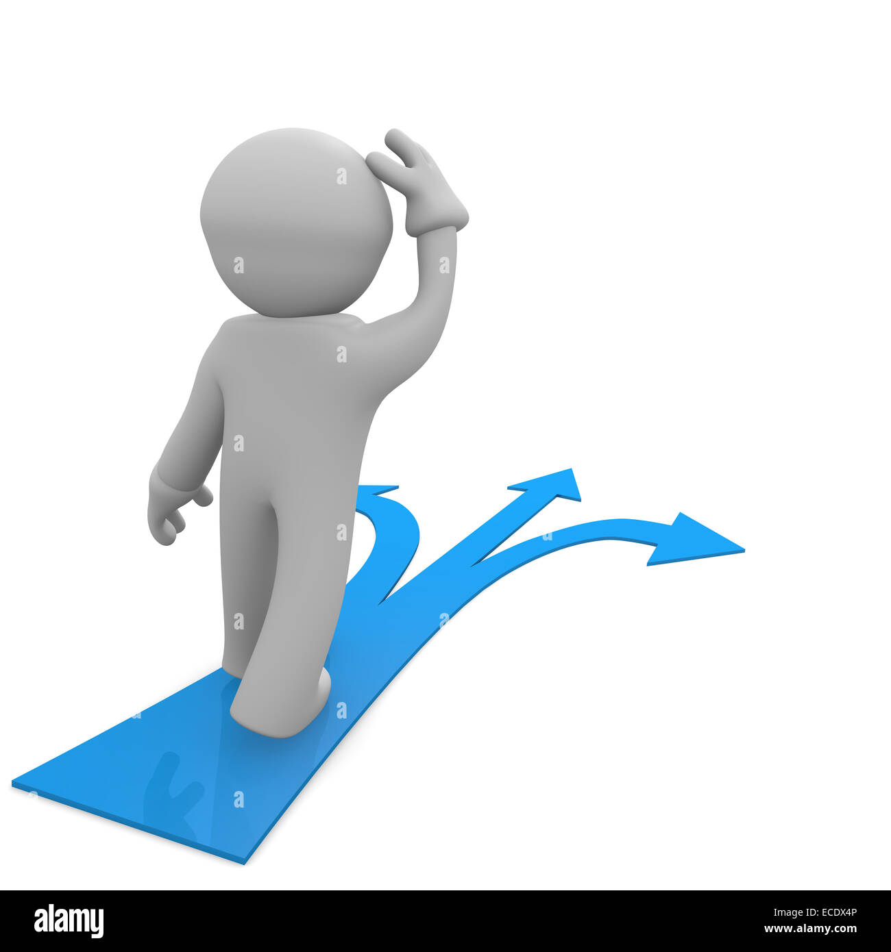 Verschiedene Möglichkeiten, 3d Mann mit blauen Pfeilen Stockfoto