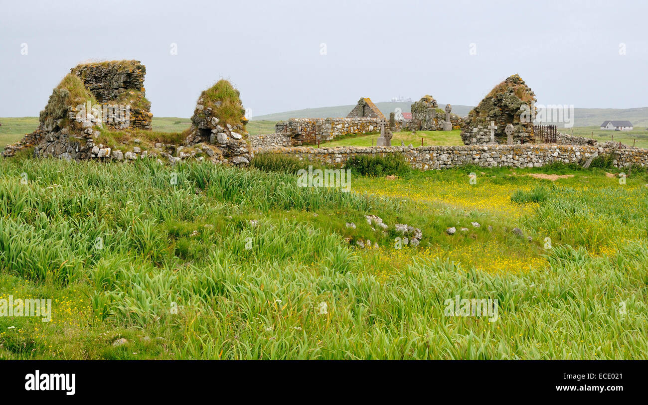 Tobha Mor alten Kapellen bleibt der vier Kapellen aus 12. & 13. Jahrhundert South Uist, äußeren Hebriden Stockfoto