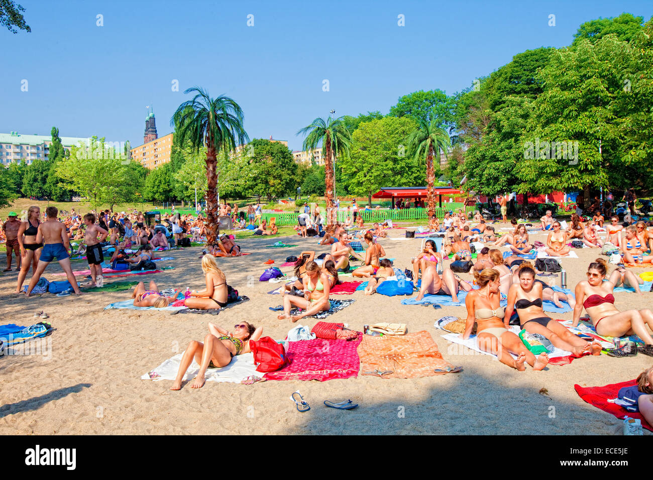 Schweden, Stockholm - Menschen, die ein Sonnenbad am Strand von Hornstull im Sommer Stockfoto