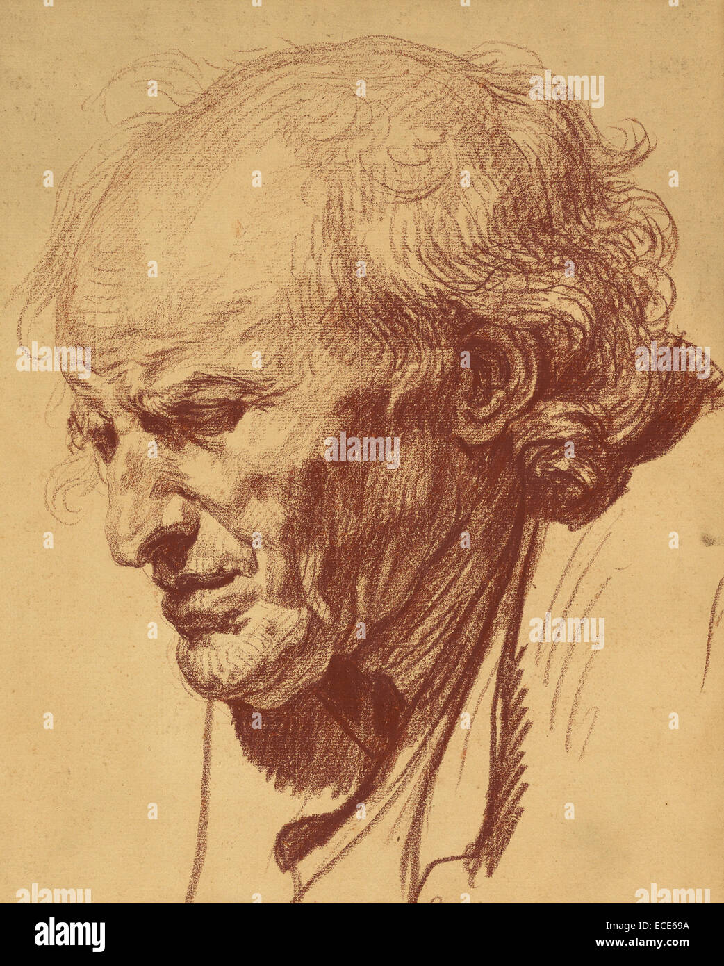 Kopf eines alten Mannes; Jean-Baptiste Greuze, Französisch, 1725-1805; ca. 1755; Rote Kreide; 39,7 x 32,1 cm (15 5/8 x 12 5/8 in.) Stockfoto