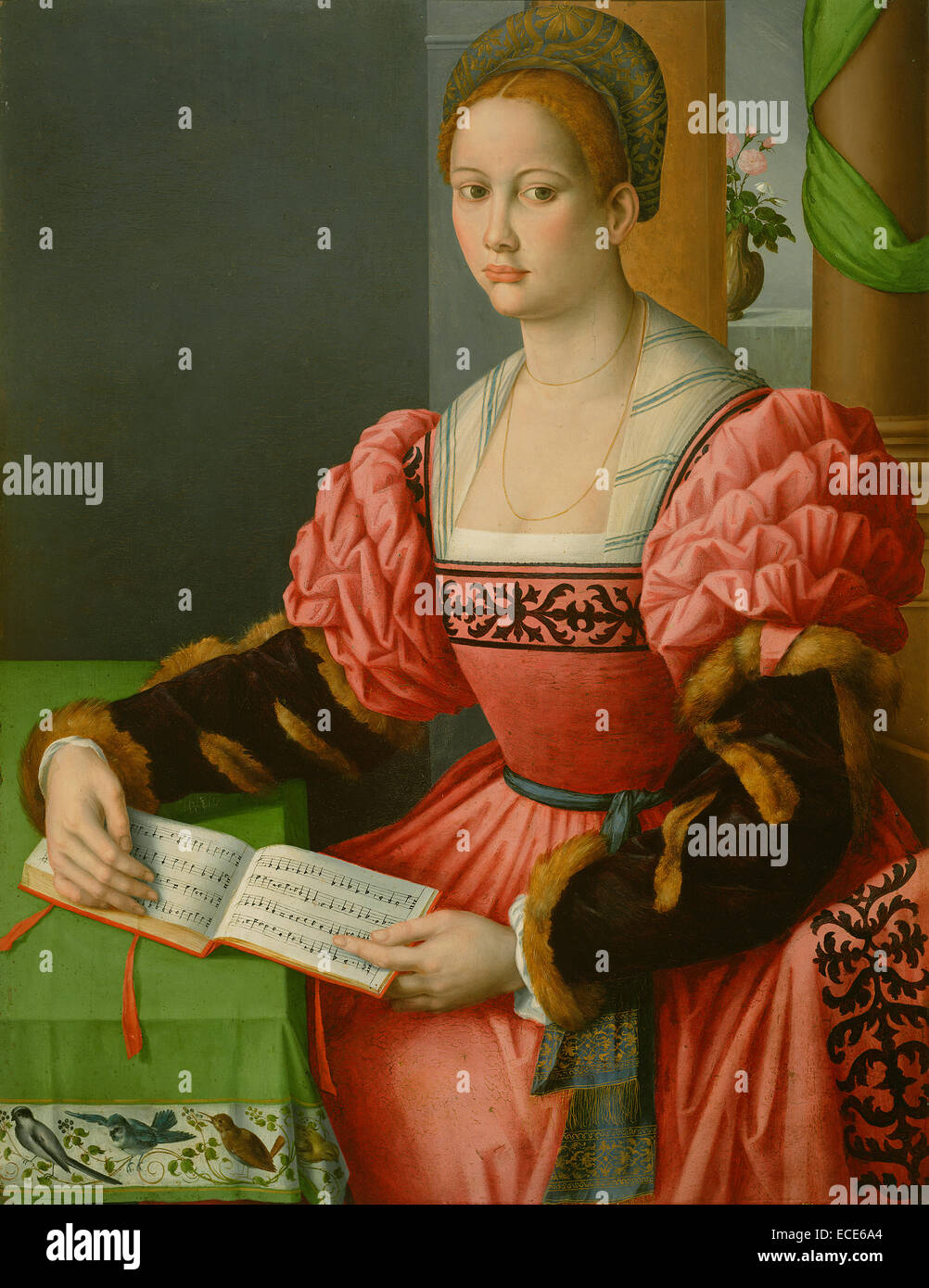 Porträt einer Frau mit einem Buch der Musik; Bacchiacca (Francesco Ubertini), Italienisch (Florenz), 1494-1557; ca. 1540-1545; Öl auf Holz; Ungerahmt: 102,9 x 80 cm (40 1/2 x 31 1/2 Zoll.) Stockfoto