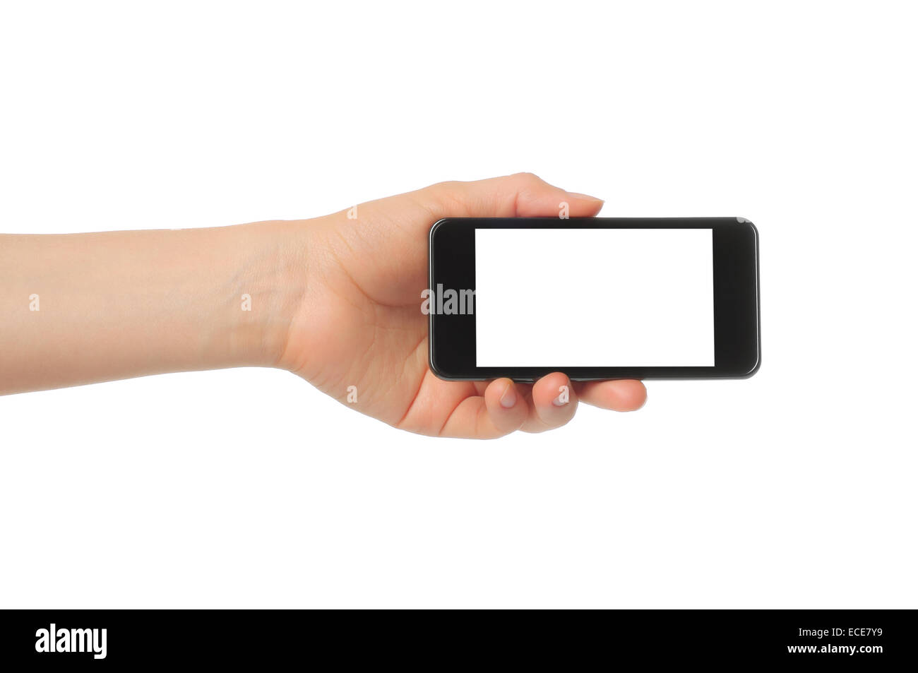 Hand mit Smartphone isoliert auf weißem Hintergrund Stockfoto