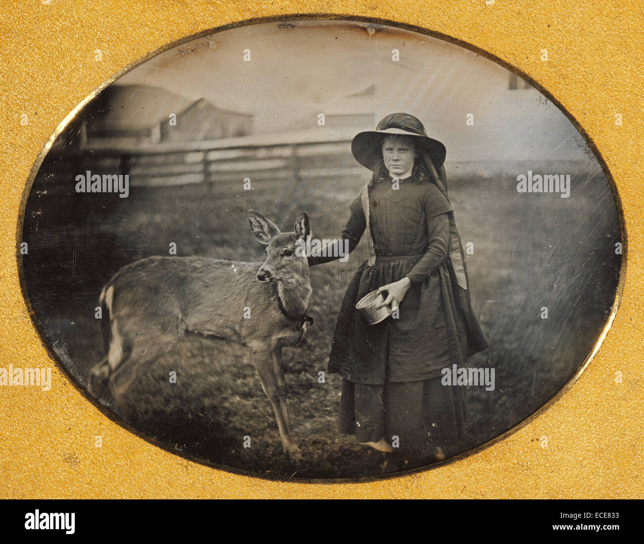 Porträt eines Mädchens mit ihrem Reh; Unbekannter Hersteller, amerikanische; etwa 1854; Daguerreotypie; 1/4-Platte, Bild: 6,9 x 9 cm (2 11/16 x 3 9/16 Zoll), Platte: 8,1 x 10,7 cm (3 3/16 x 4 3/16 in.) Stockfoto