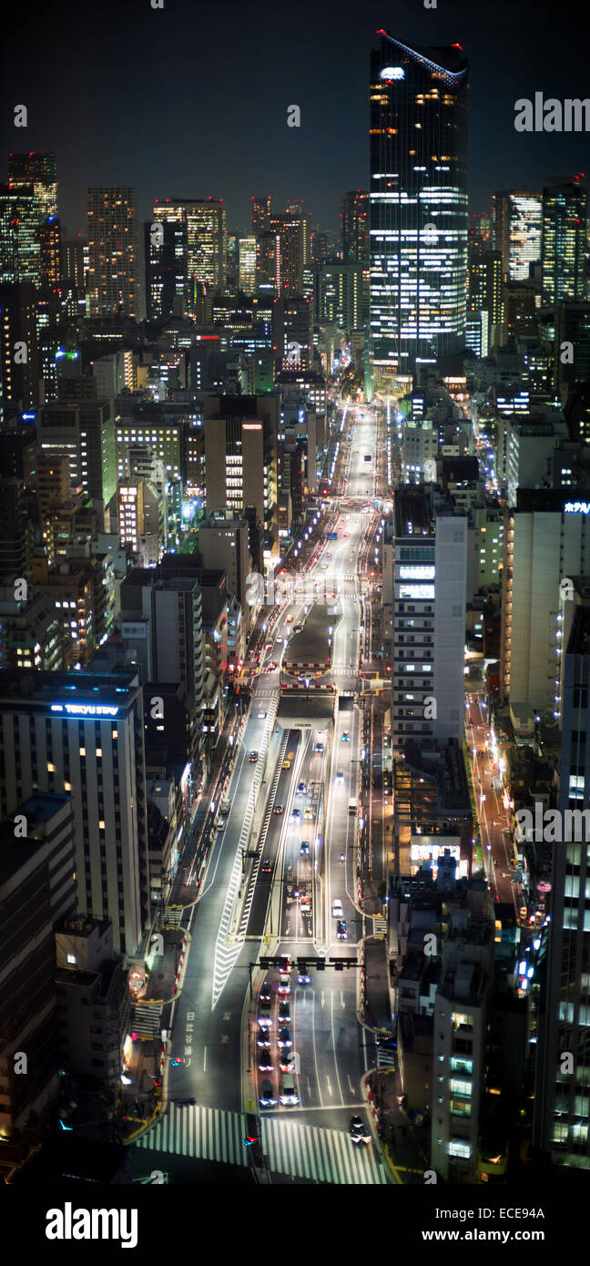 Die nächtliche Fahrt entlang einer zentralen Tokio Straße zum Bahnhof Shinbashi und dem Geschäftsviertel Shiodome, Japan. Stockfoto