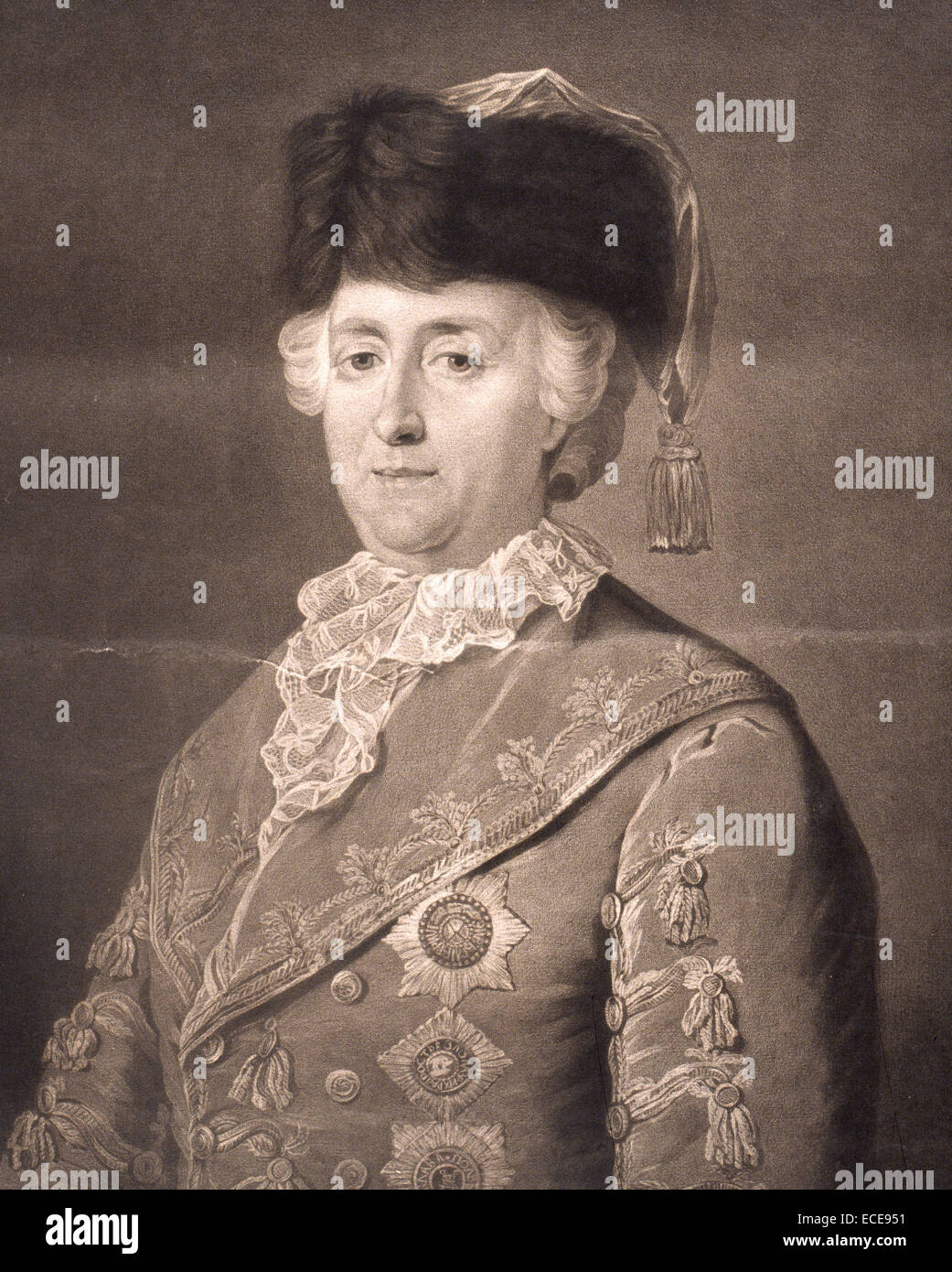 Porträt von Catherine II, auch bekannt als Katharina die große (1729 – 1796).  Katharina II. war der renommiertesten und der am längsten regierende weibliche Führer Russlands, amtierende vom Juli 1762 bis zu ihrem Tod im Jahre 1796 im Alter von 67. Stockfoto
