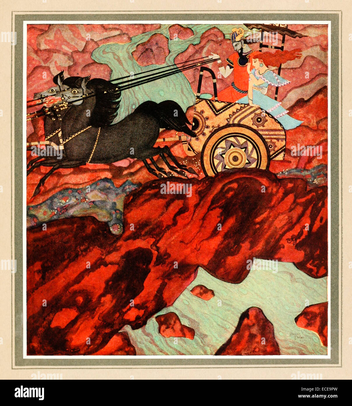 König Pluto reiten seinen Wagen - Edmund Dulac Illustration aus "Tanglewood Tales". Siehe Beschreibung für mehr Informationen. Stockfoto