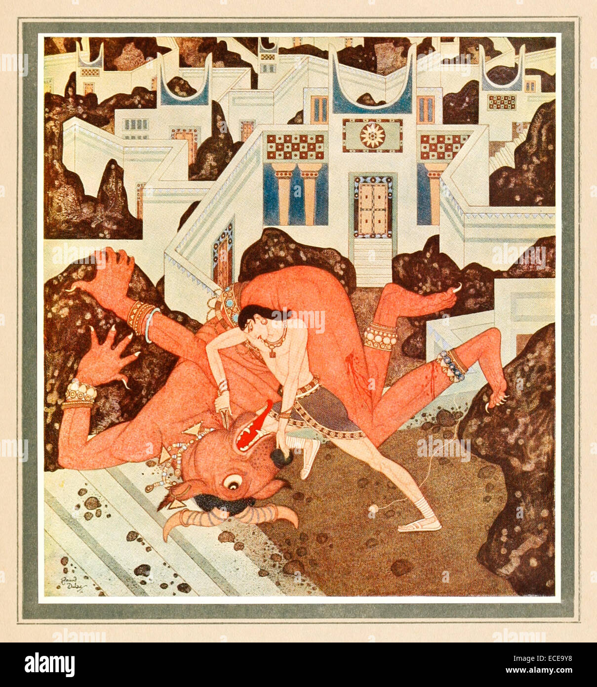 Theseus tötet den Minotaurus - Edmund Dulac Illustration aus "Tanglewood Tales". Siehe Beschreibung für mehr Informationen. Stockfoto