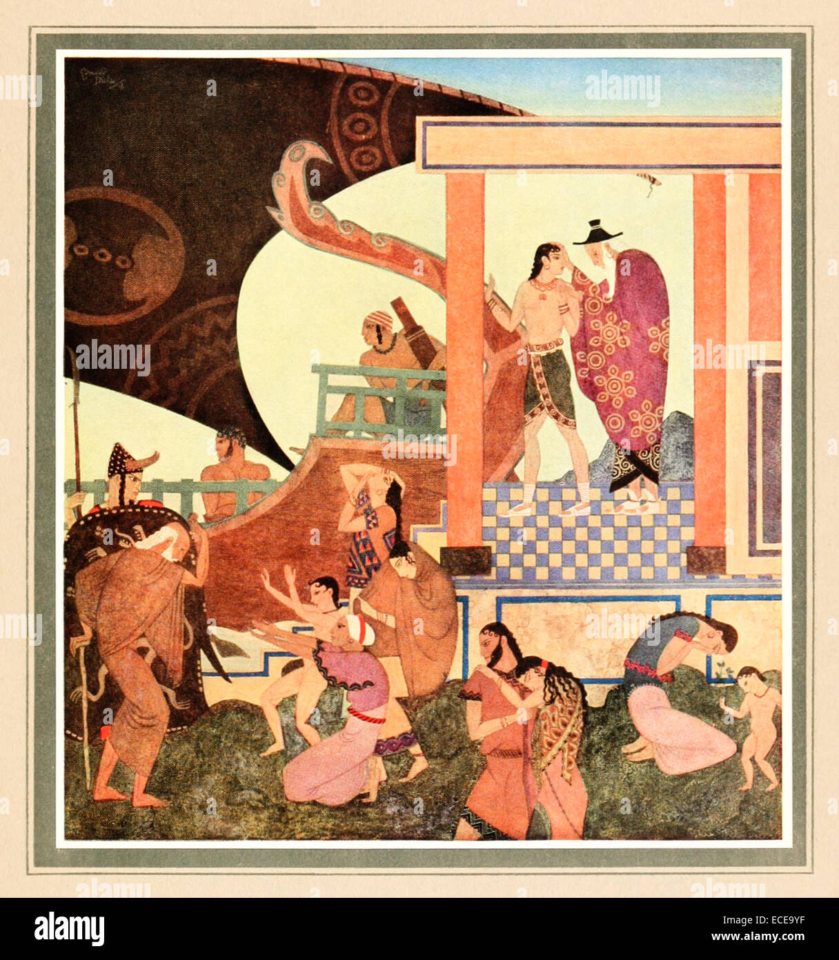 König Aigeus spricht mit Theseus vor seiner Abreise - Edmund Dulac Illustration aus "Tanglewood Tales". Siehe Beschreibung für mehr Informationen. Stockfoto