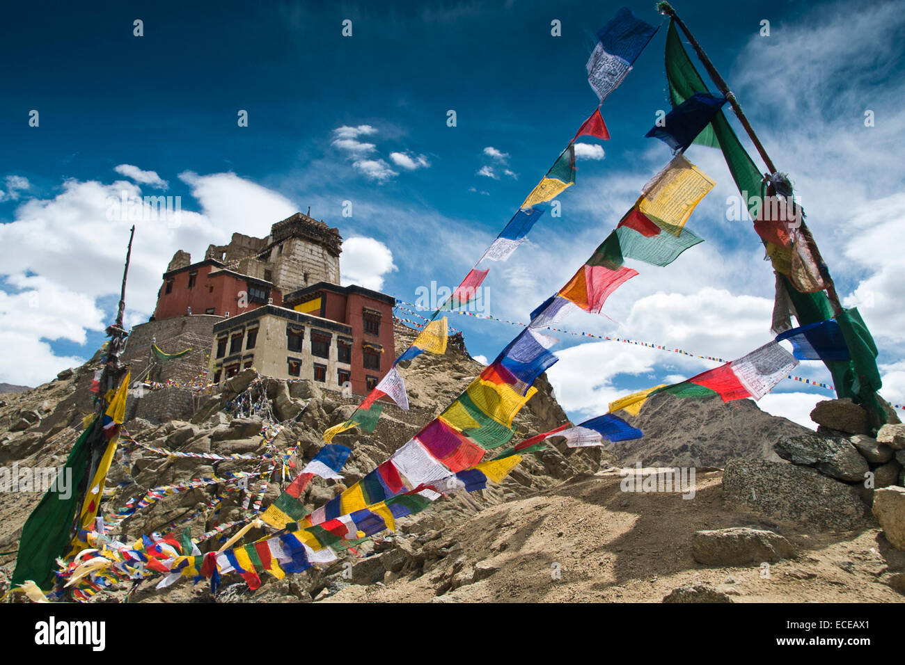 Indien, Ladakh, Leh, Namgyal Tsemos Gompa und Gebet Fahnen Stockfoto