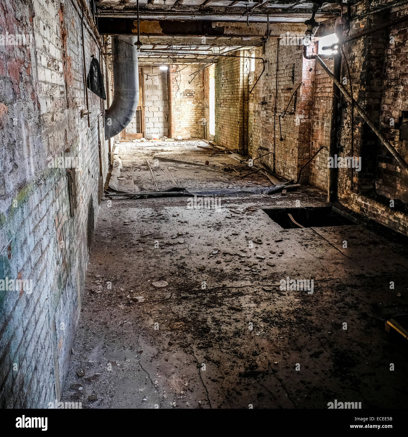 Im Inneren eines alten Lancashire Baumwolle Mühle zeigen Verfall in der Dachkonstruktion mit Metallstützen für das Dach Stockfoto