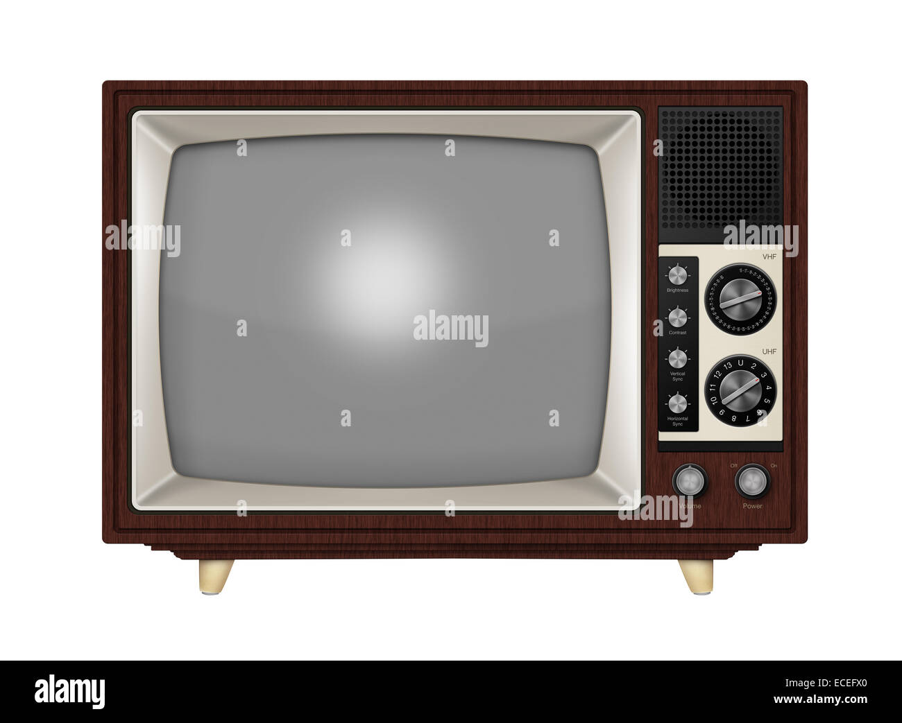 Alten Stil retro Rohr TV Frequenz-Regler mit einem hölzernen Stil Gehäuse. Isoliert auf weißem Hintergrund mit Beschneidungspfad. Stockfoto