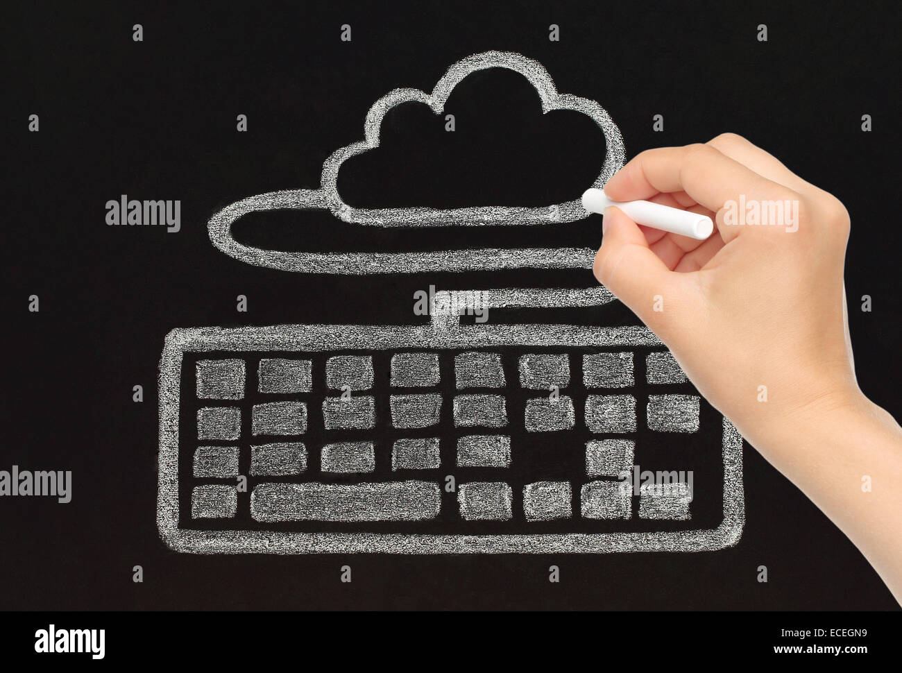 Hand-Zeichnung mit Kreide Tastatur angeschlossen, cloud, Cloud-computing-Konzept Stockfoto
