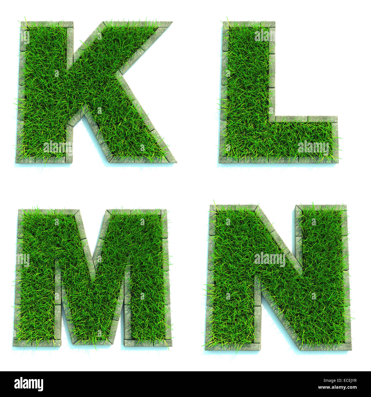 Buchstaben K, L, M, N als Rasen - Set 3d. Stockfoto