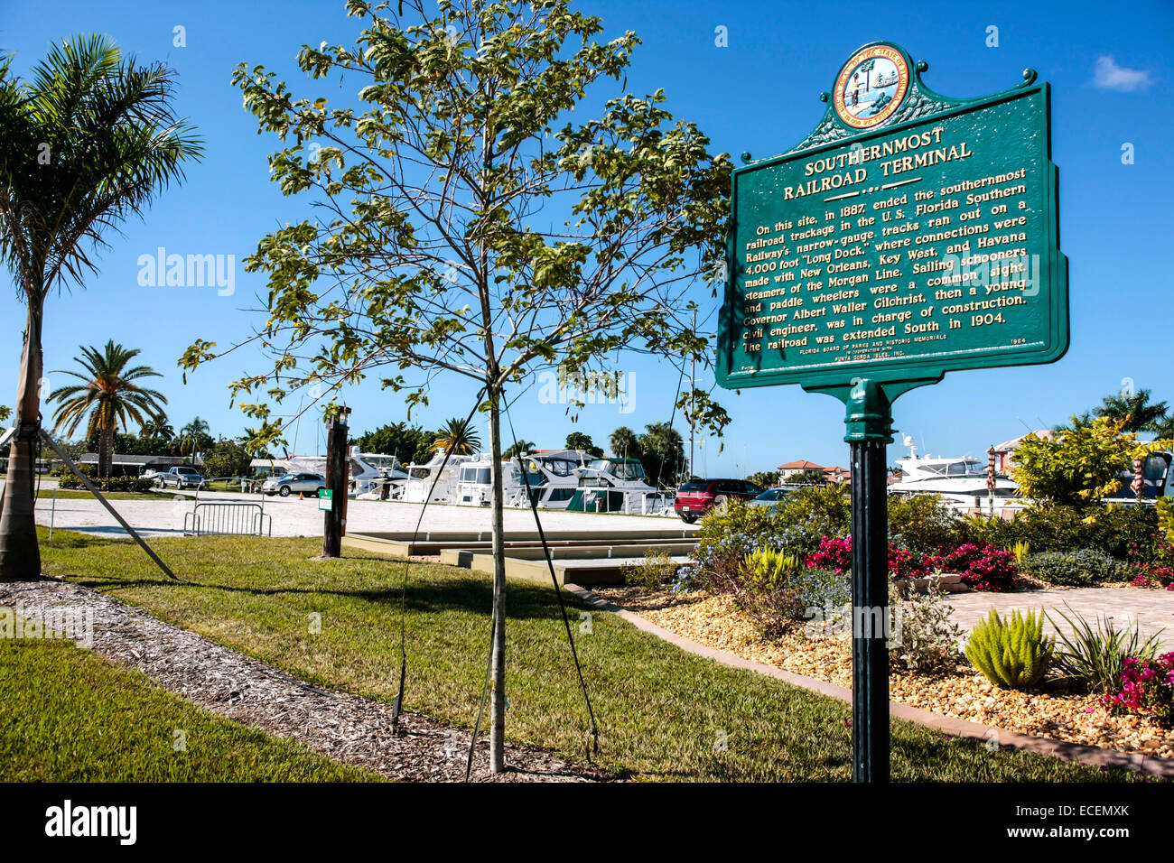 Historische Stätte Marker der einmal südlichsten Narrow-Gauge Railroad terminal in Punta Gorda, Florida Stockfoto