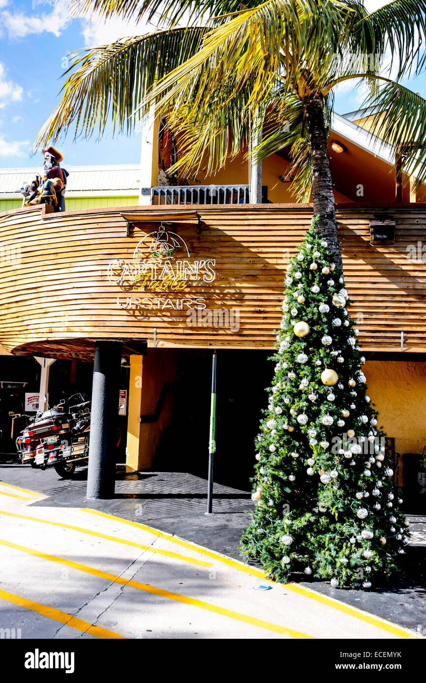 Eine schattierte Restaurant Palm Tree in Florida ist mit einem Baum mit Lametta und Kugeln bedeckt für Weihnachten dekoriert. Stockfoto