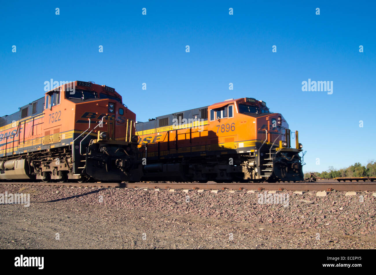 Markante orange und gelb Burlington Northern Santa Fe Lokomotive Güterzüge. 7522 und 7896 Auf die Tracks mit Nadeln Stockfoto