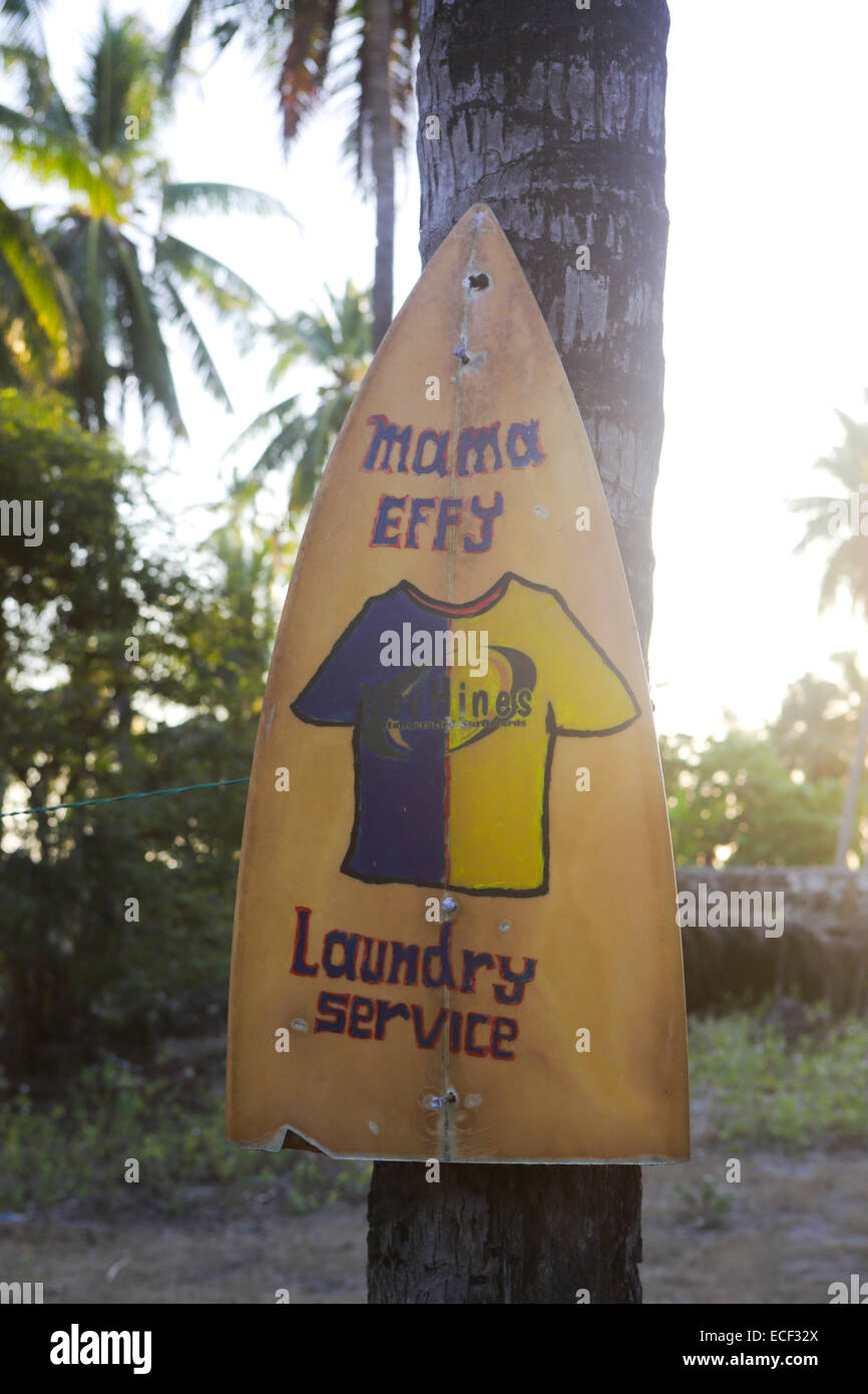 Wäsche-Service melden Sie auf alten gebrochenen Surfbrett in Baum hängen Stockfoto