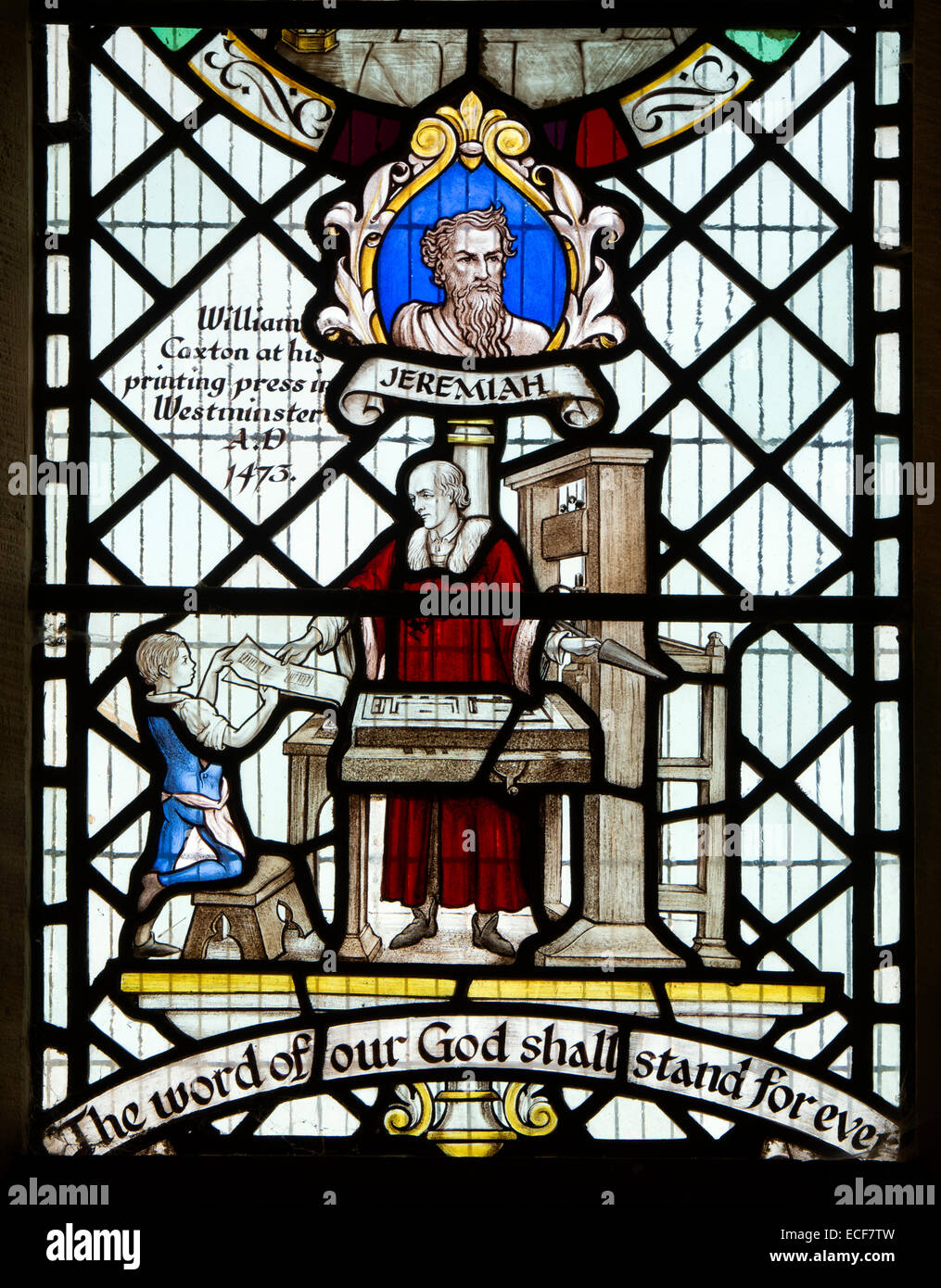 William Caxton Glasmalerei, St. Maria Magdalena Kirche, Wardington, Oxfordshire, England, UK Stockfoto