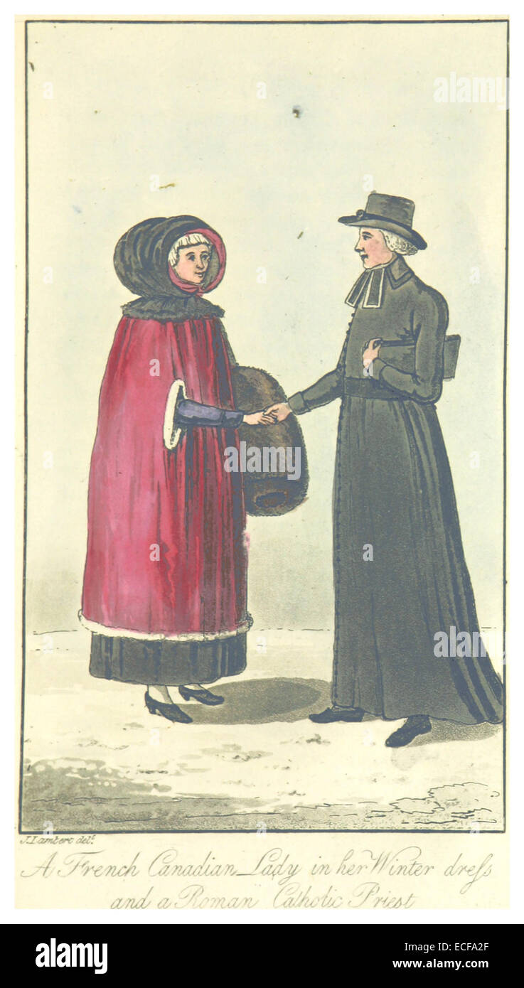 Eine Illustration aus dem Jahr 1816, die eine französische Kanadierin in Winterkleidung zusammen mit einem römisch-katholischen Priester zeigt und Elemente des kanadischen Koloniallebens und der Kleidung des frühen 19. Jahrhunderts feststellt. Stockfoto