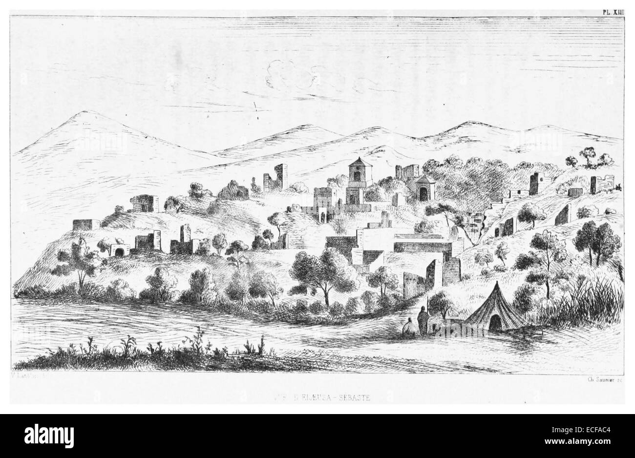 Eine Zeichnung von Langlois aus dem Jahr 1861 mit dem Titel „Vue de Elaeuse – Sebaste“, die eine Szene aus Sebaste darstellt, wahrscheinlich im Osmanischen Reich, die Perspektiven der östlichen Mittelmeerlandschaften des 19. Jahrhunderts widerspiegelt. Stockfoto