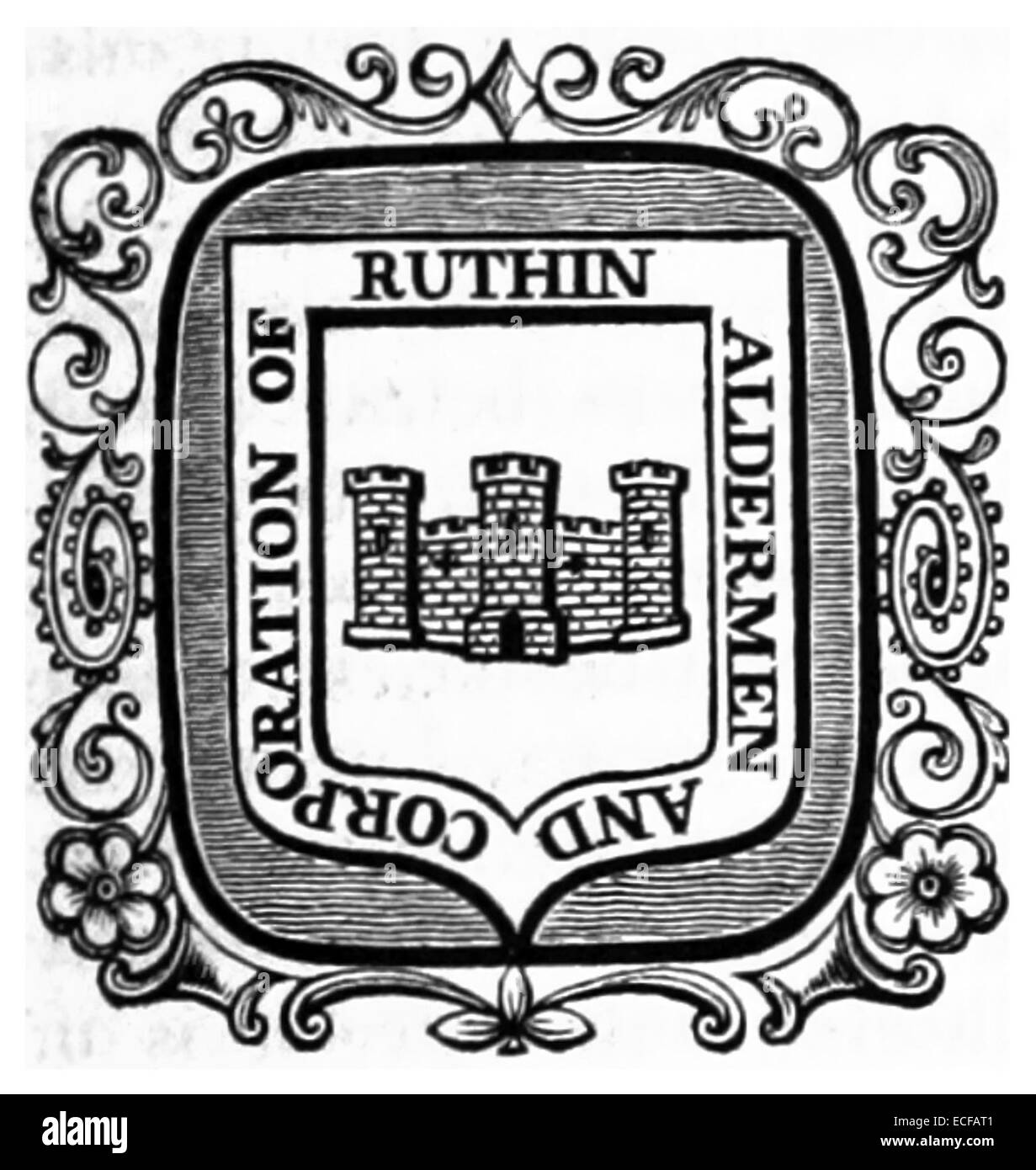 Diese Illustration von Lewis aus dem Jahr 1833 zeigt das Firmensiegel von Ruthin, einer historischen Stadt in Wales. Das Siegel repräsentiert die Gemeindeverwaltung und spiegelt die lokale Bürgergeschichte wider. Stockfoto