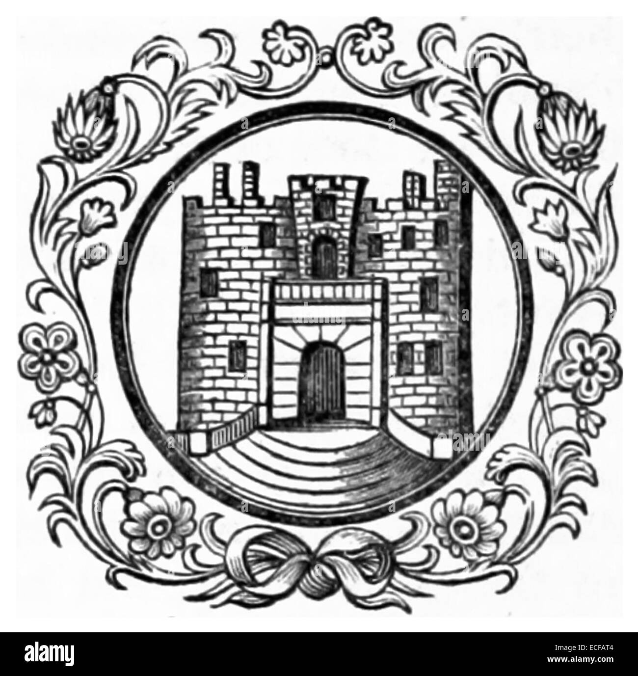 Eine Darstellung des Firmensiegels von Welshpool aus dem Jahr 1833, die das für offizielle Zwecke verwendete Stadtwappen zeigt. Diese Illustration zeigt die Identität und Regierungsführung der Stadt während des frühen 19. Jahrhunderts. Stockfoto