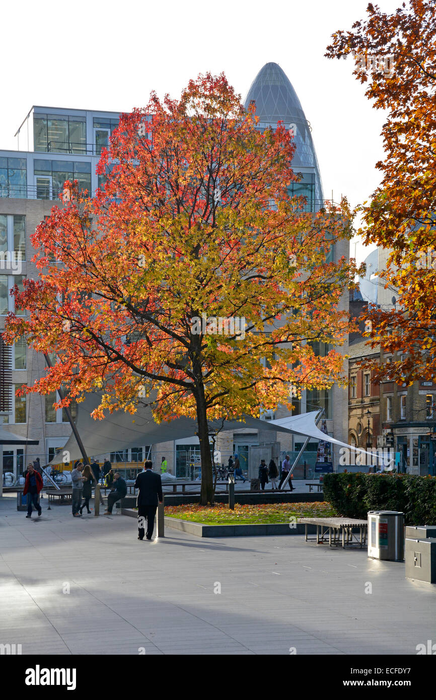 Bishops Square in Spitalfields mit Herbstfarben auf Bäume und Gherkin-Tower über Stockfoto