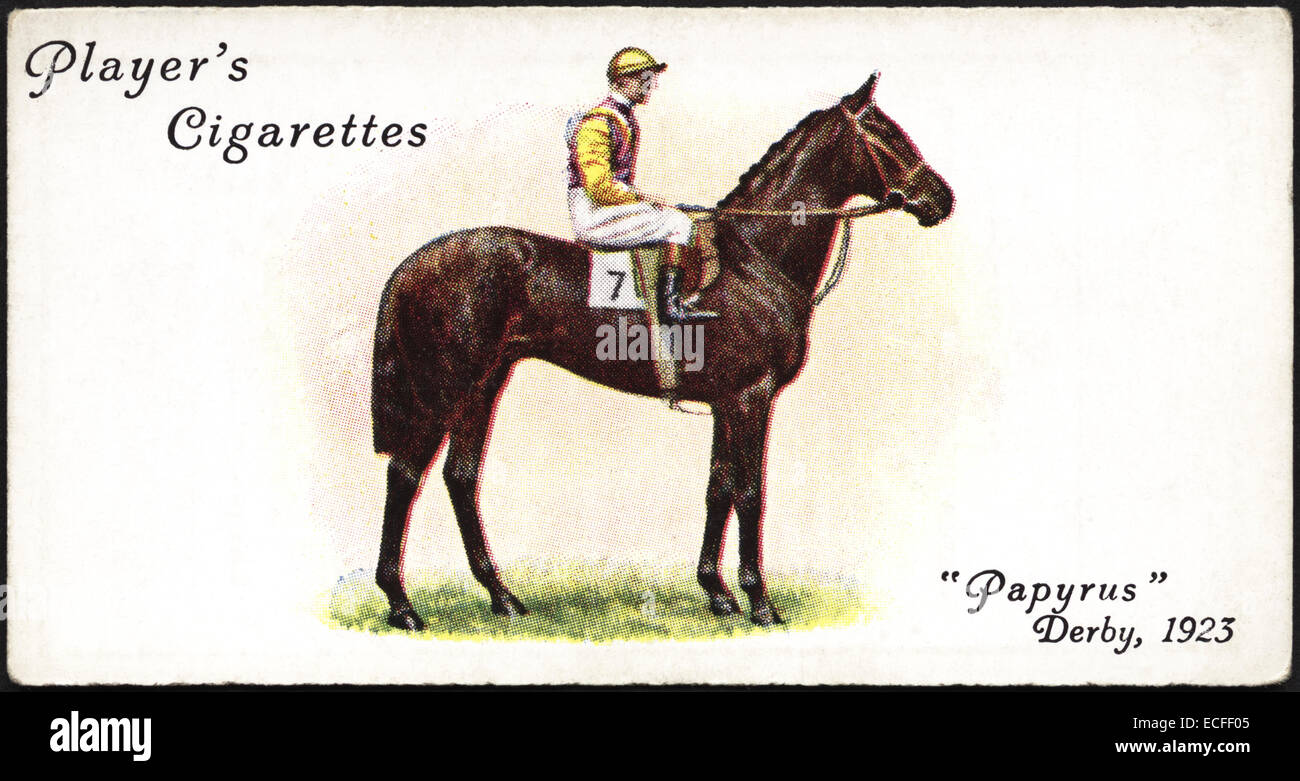 Zigarette Karte des Spielers Zigaretten mit PAPYRUS Sieger des The Derby im Jahr 1923 mit Jockey Steve Donoghue herausgegeben von John Player & Söhnen im Jahre 1933 Stockfoto