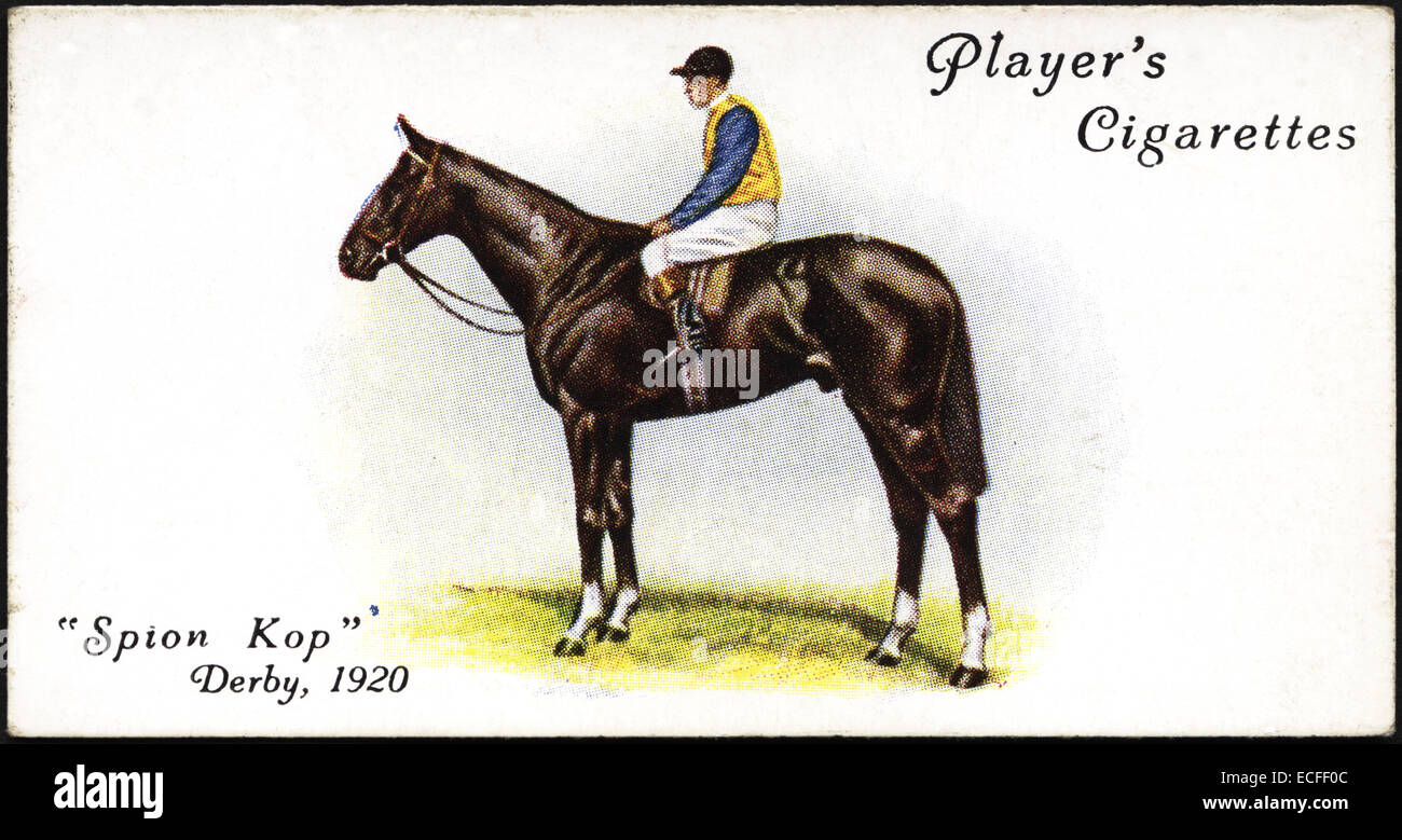 Zigarette Karte des Spielers Zigaretten mit SPION KOP Sieger des The Derby im Jahr 1920 mit jockey Frank O'Neill herausgegeben von John Player & Söhnen im Jahre 1933 Stockfoto