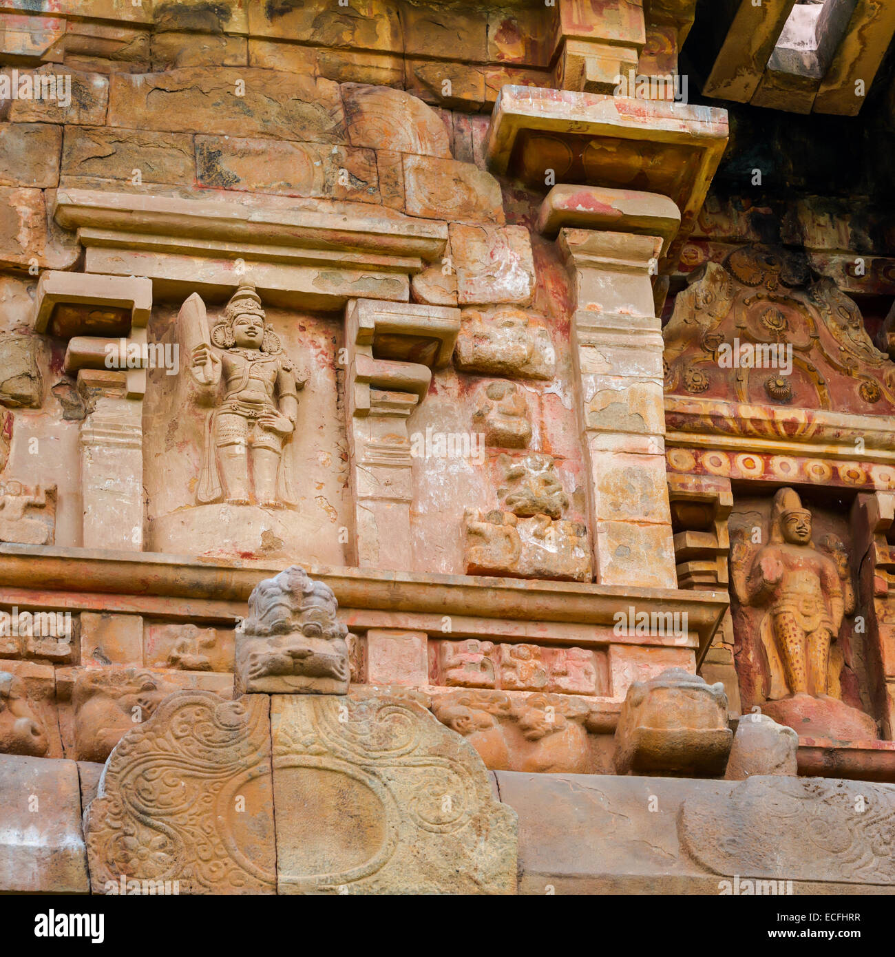 Detail der Mauer tolle Architektur alten Gangaikonda Cholapuram Tempel, Indien, Tamil Nadu, Thanjavur (Trichy) groß. Der Tempel Stockfoto