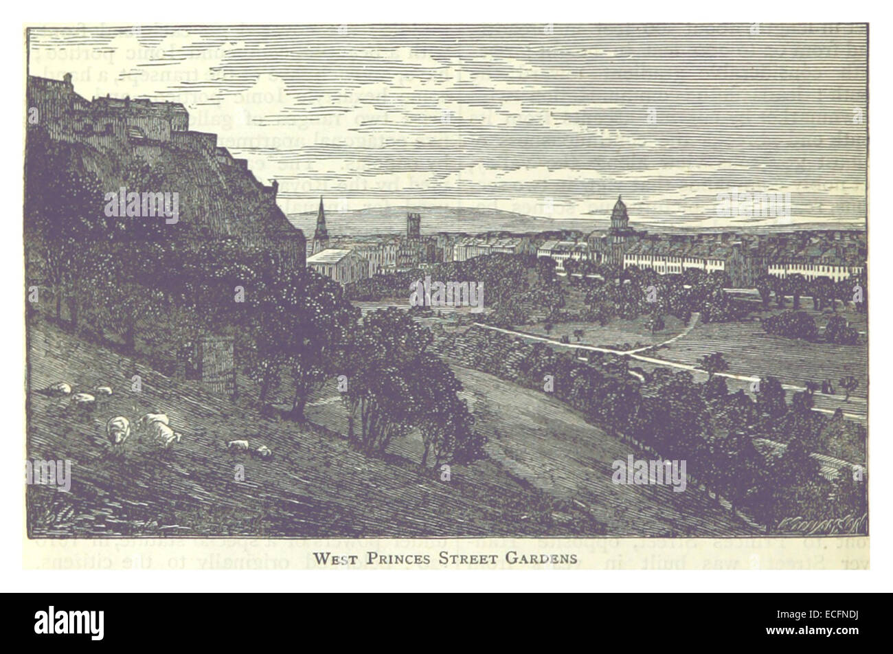 Diese 1875 von Paterson erstellte Illustration zeigt die West Princes Street Gardens in Edinburgh, Schottland. Er zeigt die Landschaft, das Design und die umliegende Architektur dieses bekannten öffentlichen Parks im Herzen der Stadt. Stockfoto