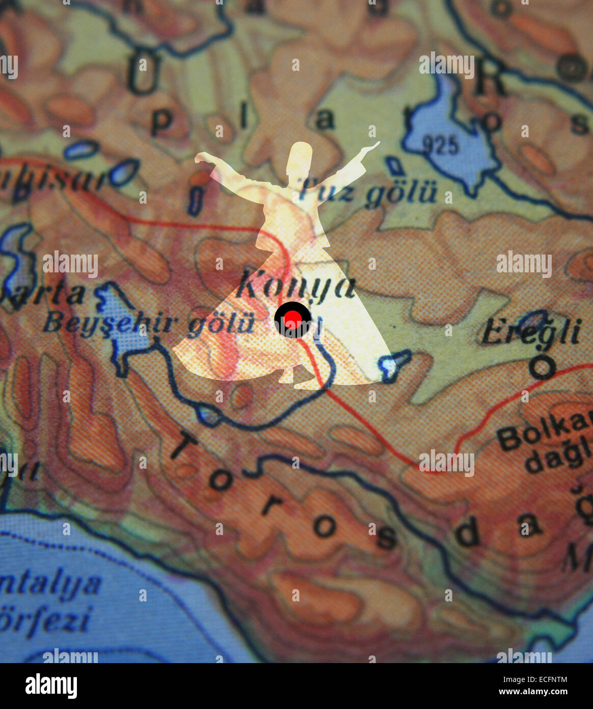 Konya Stadt auf Karte und tanzender Derwisch in der Türkei Stockfoto