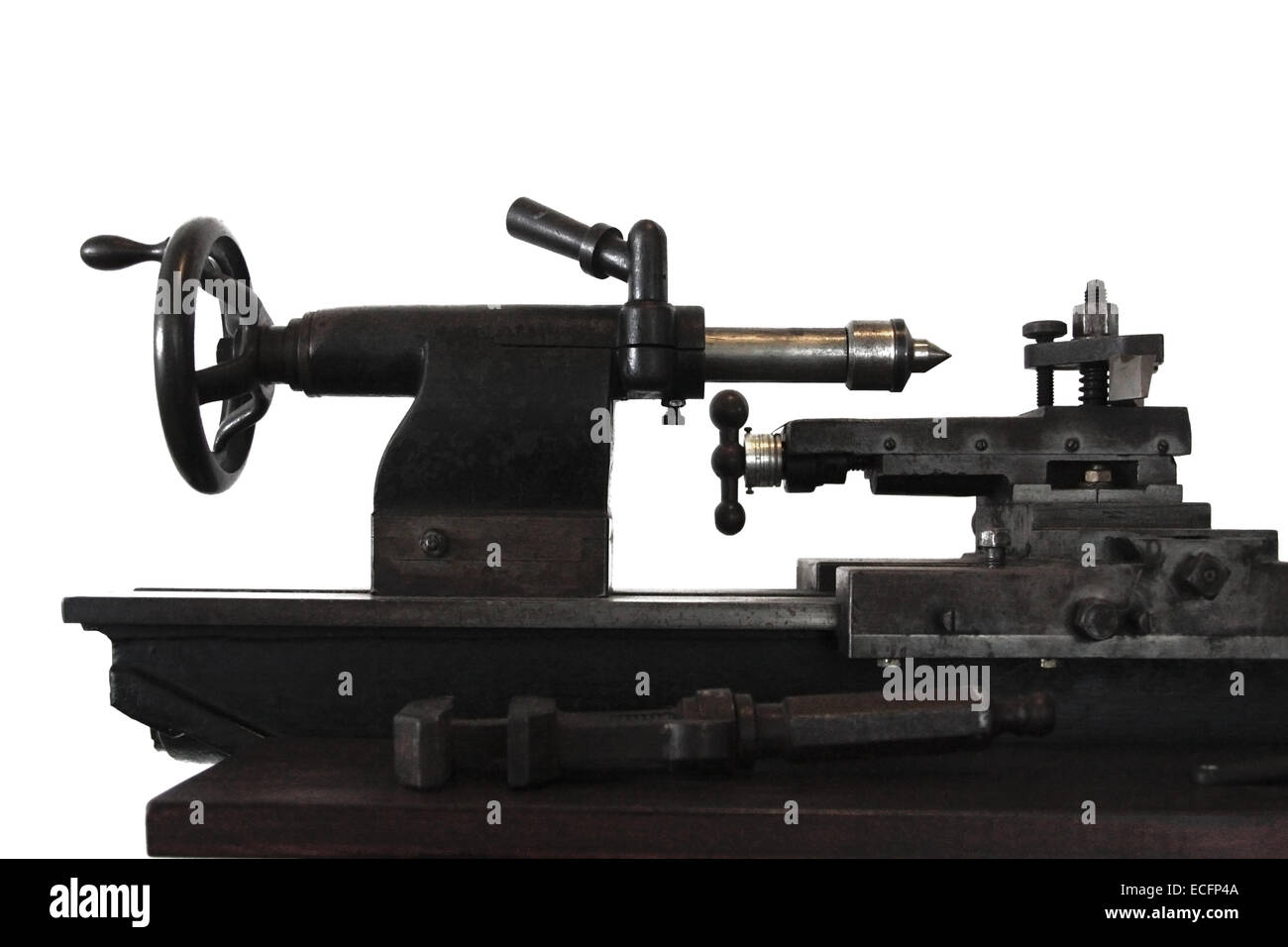Isolierte Reitstock einer Metallbearbeitung-Drehmaschine, Anfang des 20. Jahrhunderts Stockfoto