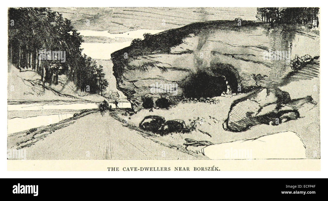 Diese 1893 von Pennell gefertigte Illustration zeigt die Höhlenbewohner in der Nähe von Borszek und bietet einen Einblick in die prähistorischen oder frühgeschichtlichen Siedlungen der Menschen. Das Bild betont die raue Umgebung und den primitiven Lebensstil. Stockfoto