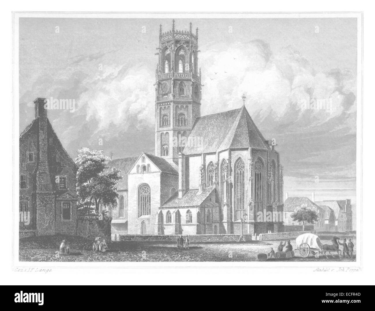 Eine Illustration der Ludgerkirche aus dem Jahr 1852 in Münster, die ihre architektonische Gestaltung und ihre Rolle in der Religions- und Kulturgeschichte der Stadt zeigt. Stockfoto