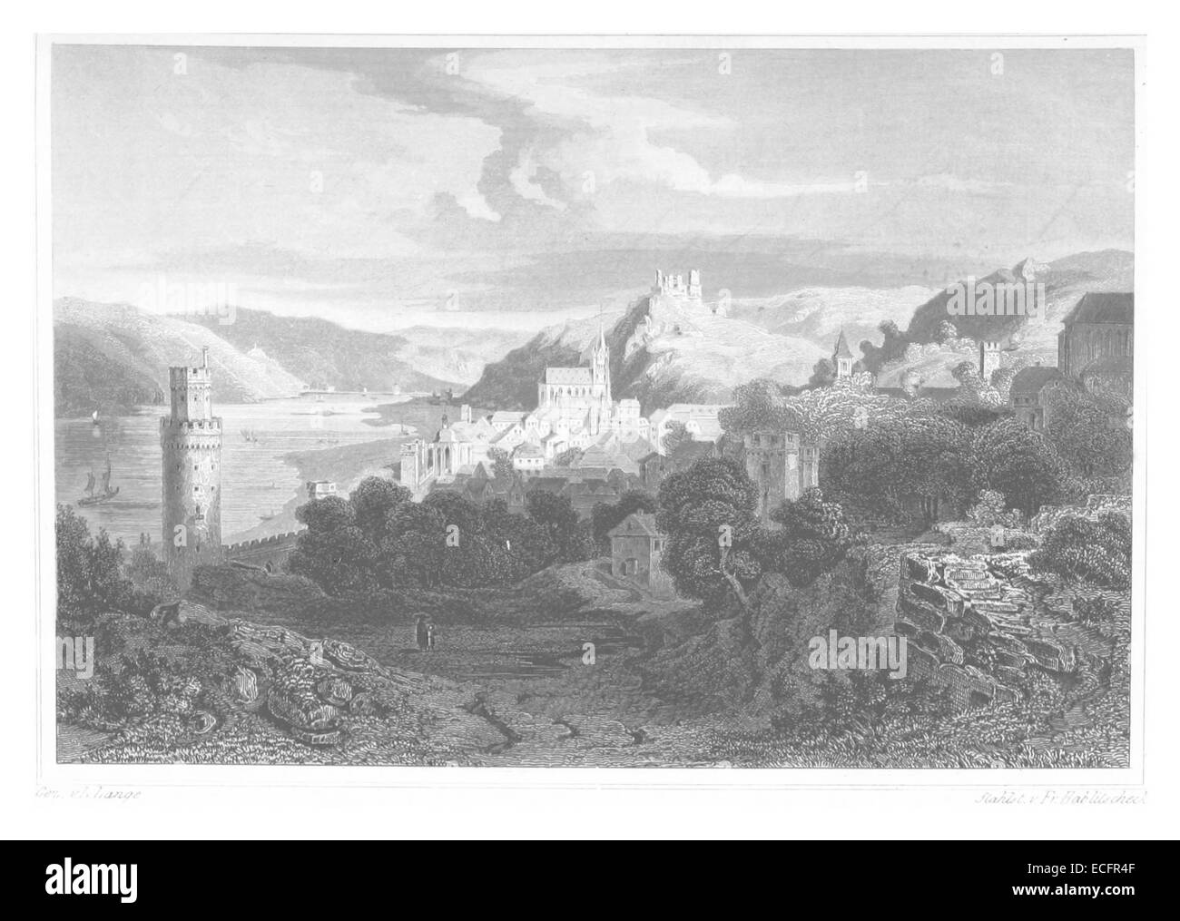 Illustration aus POPPEL (1852), Seite 2,635, zeigt Oberwesel, eine Stadt in Deutschland, die für ihre mittelalterliche Architektur und die malerische Umgebung am Rhein bekannt ist. Stockfoto