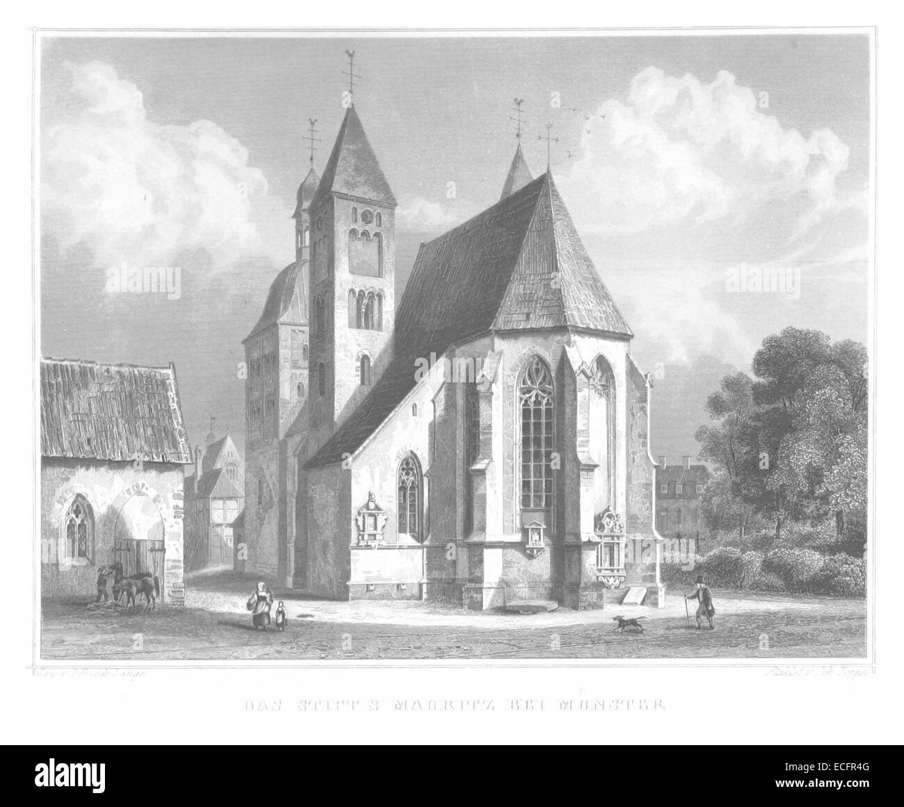 Diese 1852 von Poppel gezeigte Illustration zeigt das Stift St. Mauritz, eine historische Stätte bei Münster. Die detaillierte Darstellung konzentriert sich auf die architektonische und kulturelle Bedeutung dieser religiösen Institution. Stockfoto