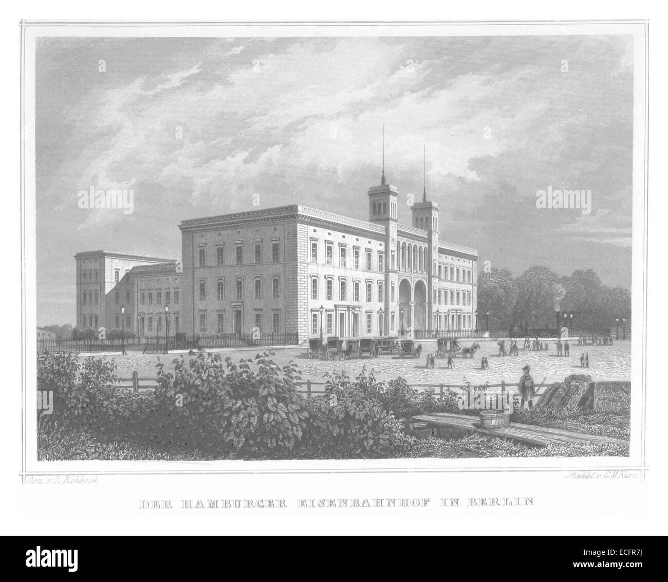 Eine Illustration von Poppel aus dem Jahr 1852, die den Hamburger Bahnhof in Berlin, einen wichtigen Ort in der Stadtgeschichte, darstellt. Das Bild zeigt die architektonischen Details und die Bedeutung des Bahnhofs im 19. Jahrhundert. Stockfoto