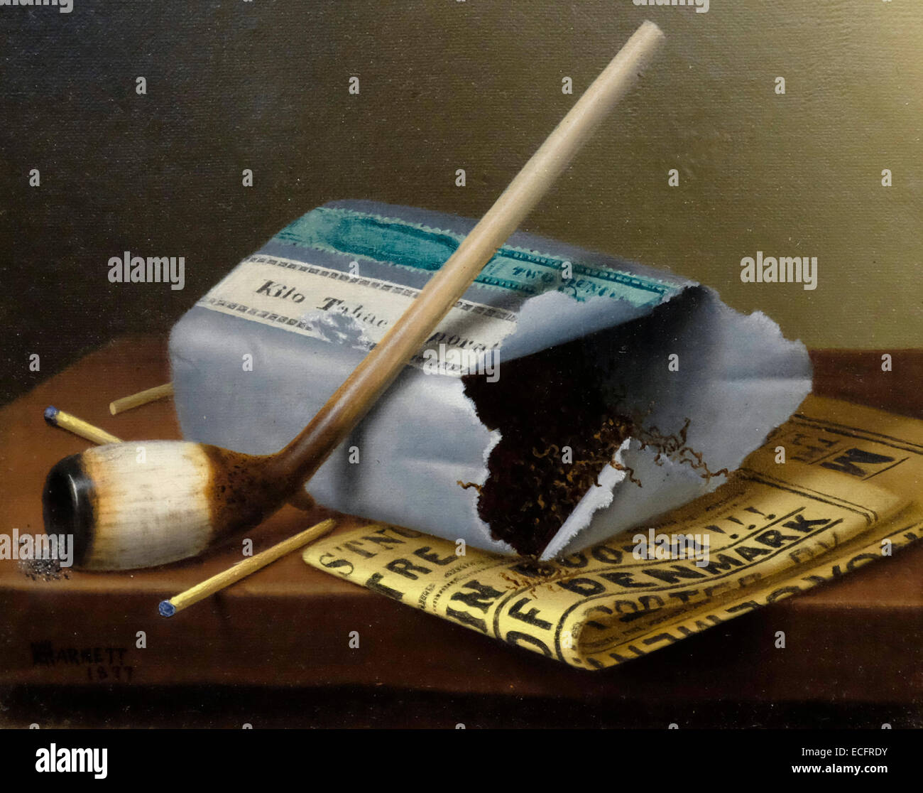 Still-Leben: Clay Pipe, Tabak, Streichhölzer & Poster 1877 William Harnett Stockfoto