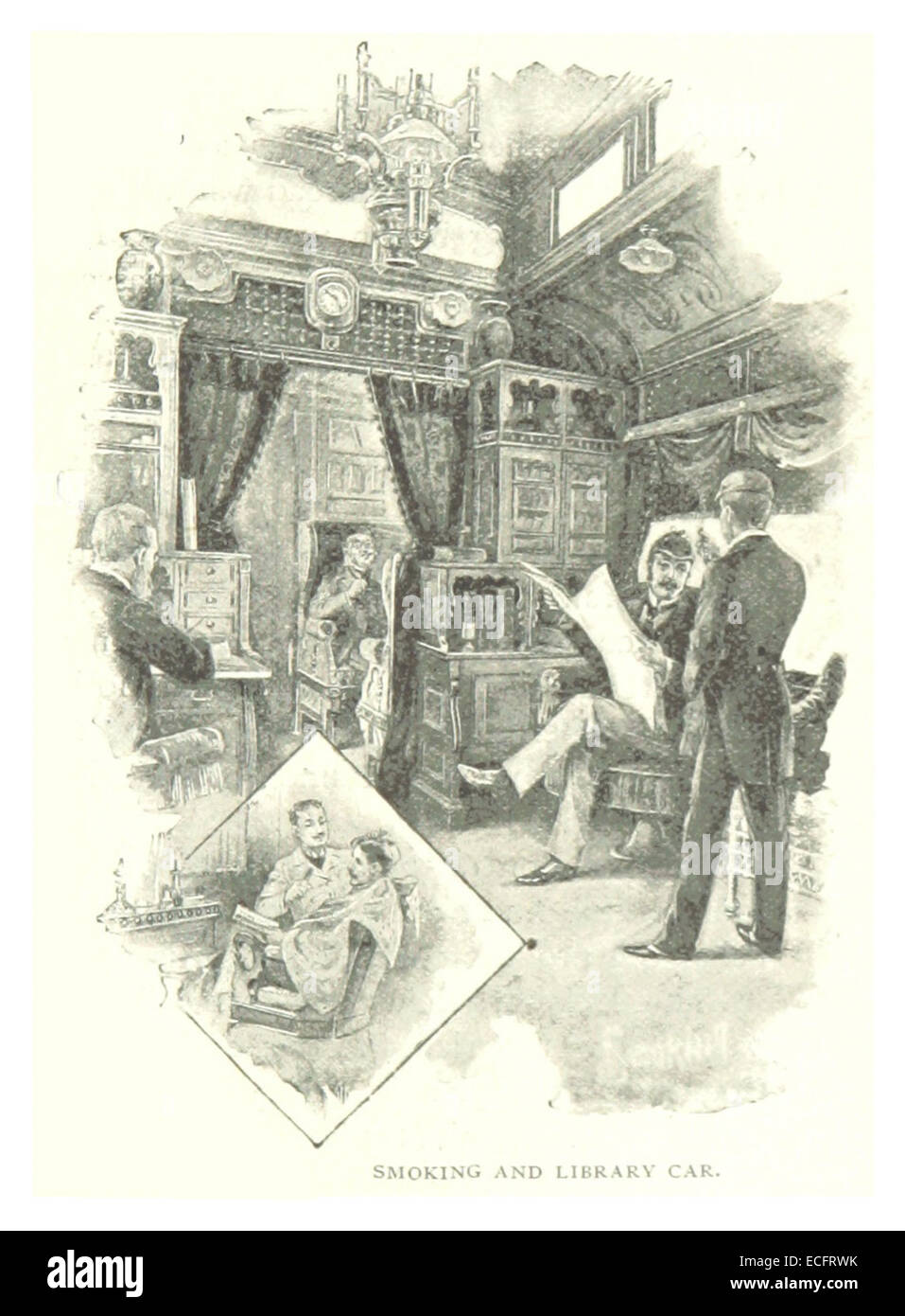 Diese Referenz aus dem Jahr 1893 beschreibt das Smoking and Library Car der Pennsylvania Railroad und hebt das Design und die Ausstattung dieses einzigartigen Personenkraftwagens hervor. Stockfoto