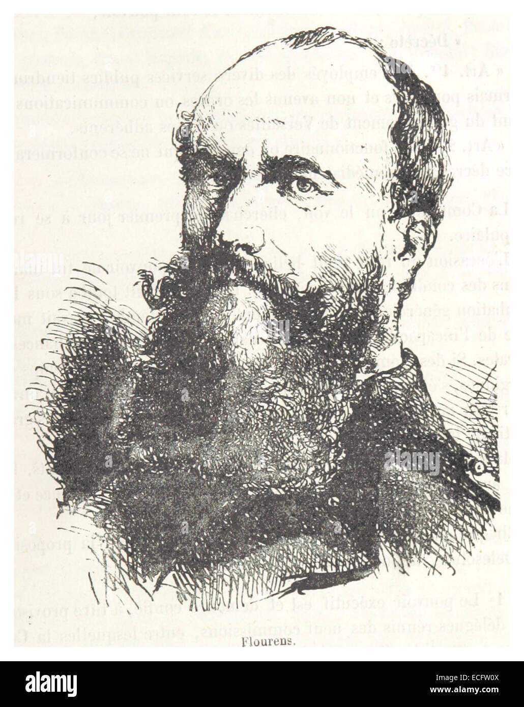 Eine Darstellung aus Rouquettes Werk von 1871, die Flourens, eine historische Figur, zeigt. Das Bild zeigt seine Beiträge zu Wissenschaft und Medizin im späten 19. Jahrhundert. Stockfoto