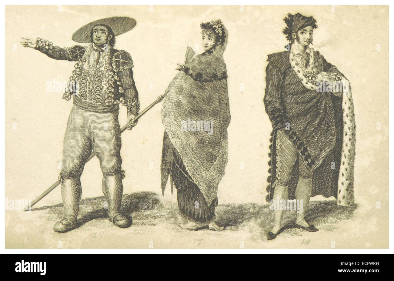 SEMPLE(1809) p318 Kostüme aus der Provinz von Cadiz - Cavalier (16-17) und seiner Frau, (18) Urlaub bist Kleid von einem gemeinen Mann Stockfoto