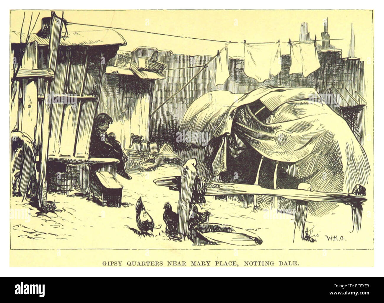 Eine Darstellung des Zigeunerviertels in Notting Dale aus dem Jahr 1880, die die Lebensbedingungen und das Gemeinschaftsleben in dieser Gegend von London zeigt. Stockfoto