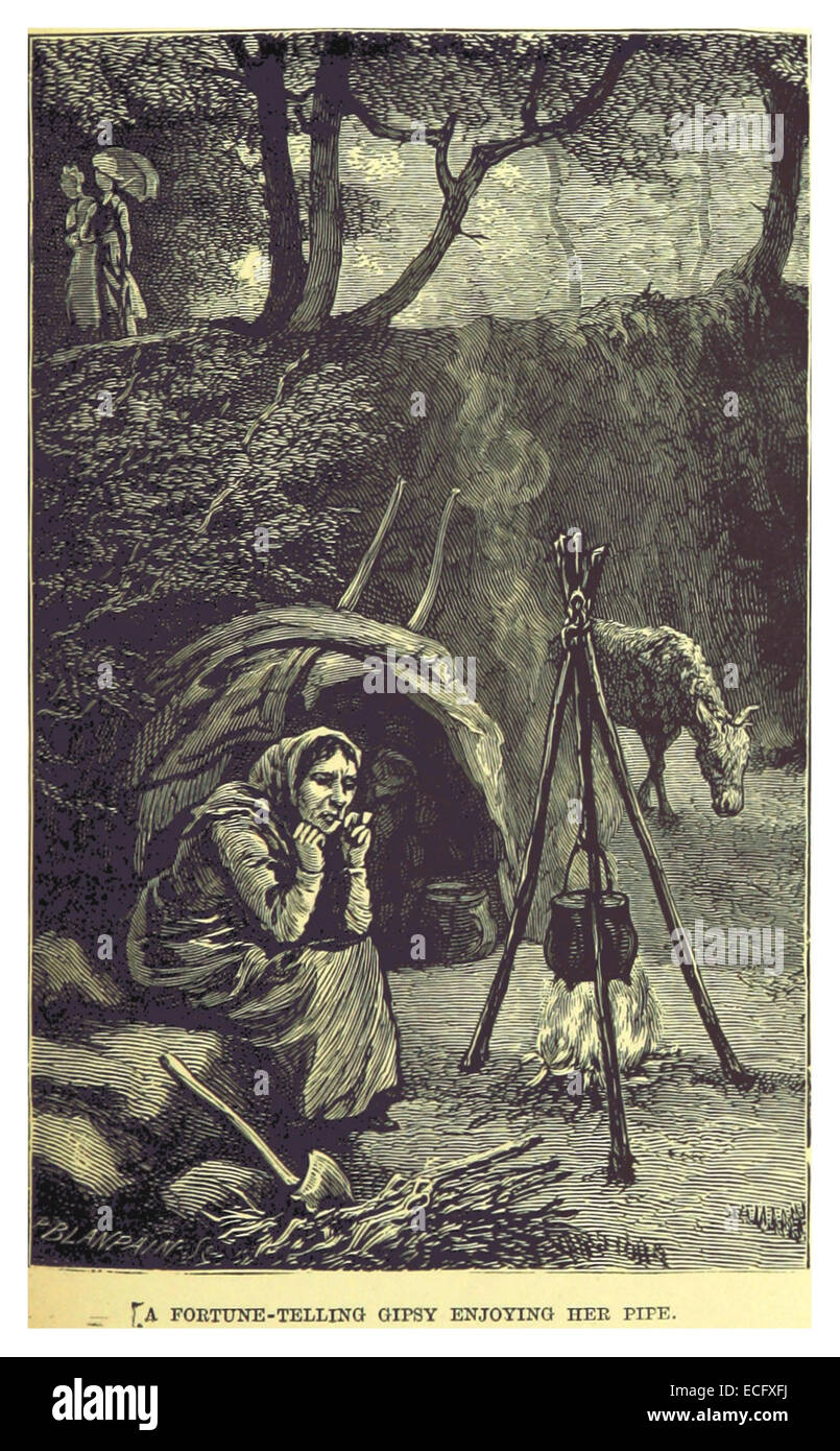 Seite 277 der Veröffentlichung von Smith aus dem Jahr 1880 zeigt eine glückserzählende Zigeunerin, die eine Pfeife raucht und einen Einblick in die traditionellen Wahrsagungspraktiken der damaligen Zeit bietet. Stockfoto