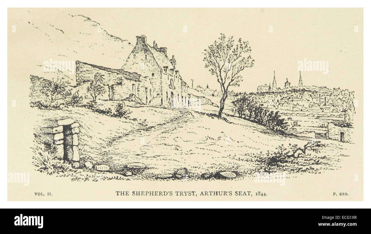 Eine Illustration von Wilson aus dem Jahr 1878 von The Shepherd's Tryst, die sich am Arthur's Seat in Edinburgh befindet. Das Kunstwerk zeigt die landschaftliche Schönheit dieses historischen schottischen Wahrzeichens. Stockfoto